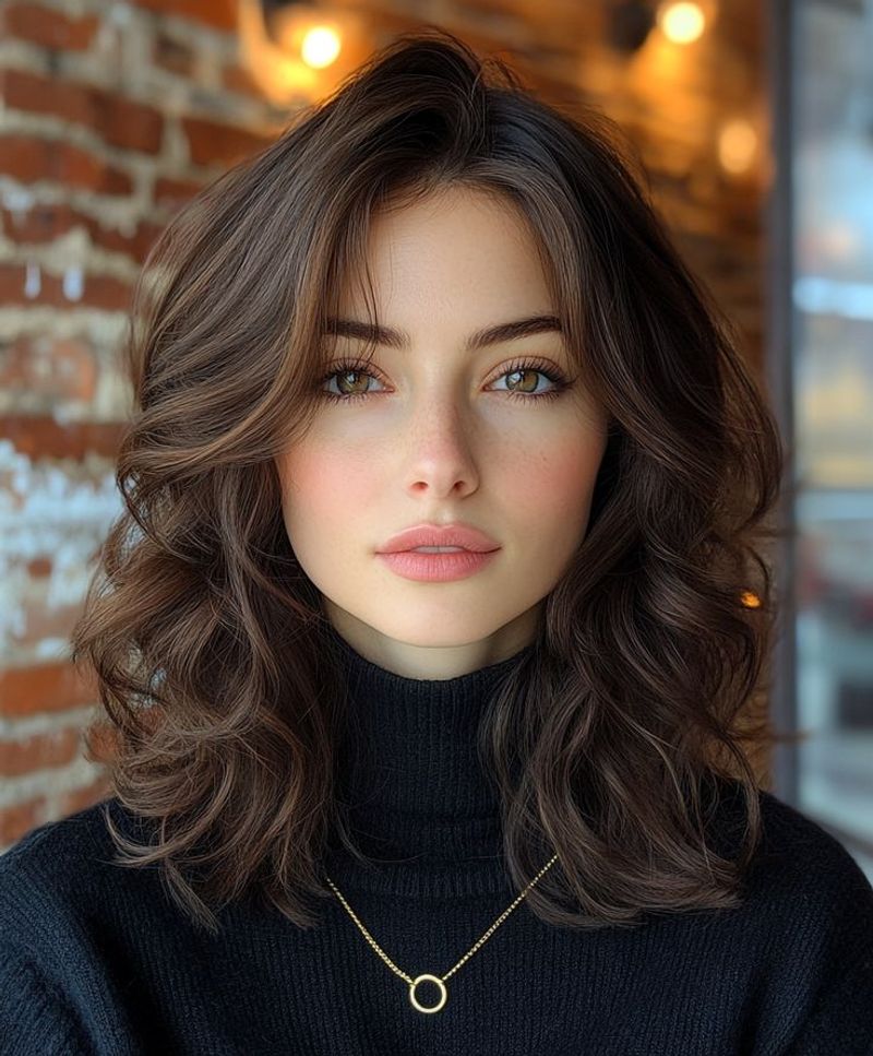 Wavy Hair with Side-Swept Bangs