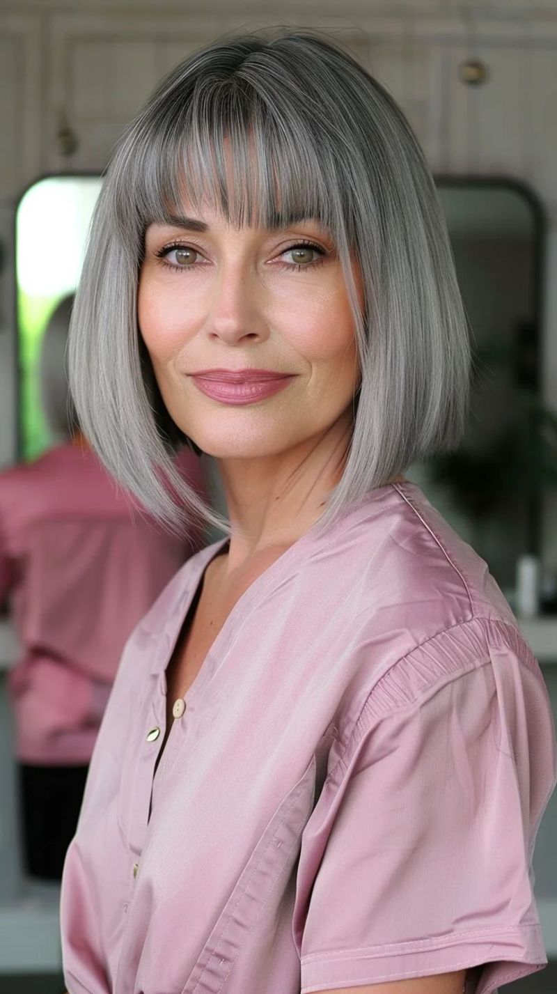 Playful Gray Bob with Bangs