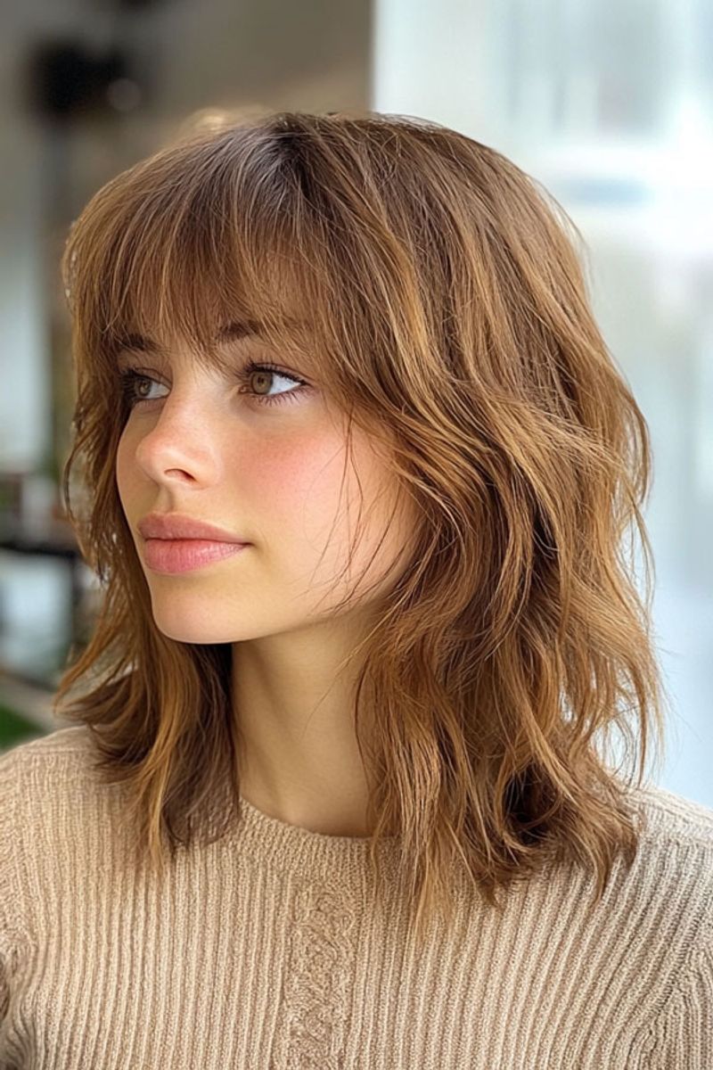 Wavy Lob with Bangs